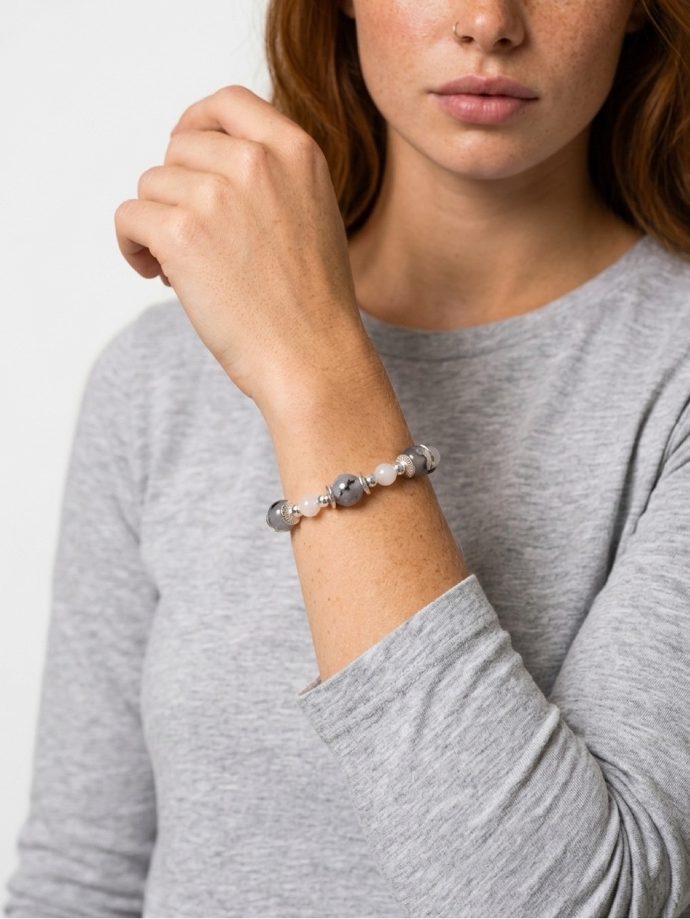 Handcrafted Gray Agate and Silver Bead Bracelet - Women's Jewelry